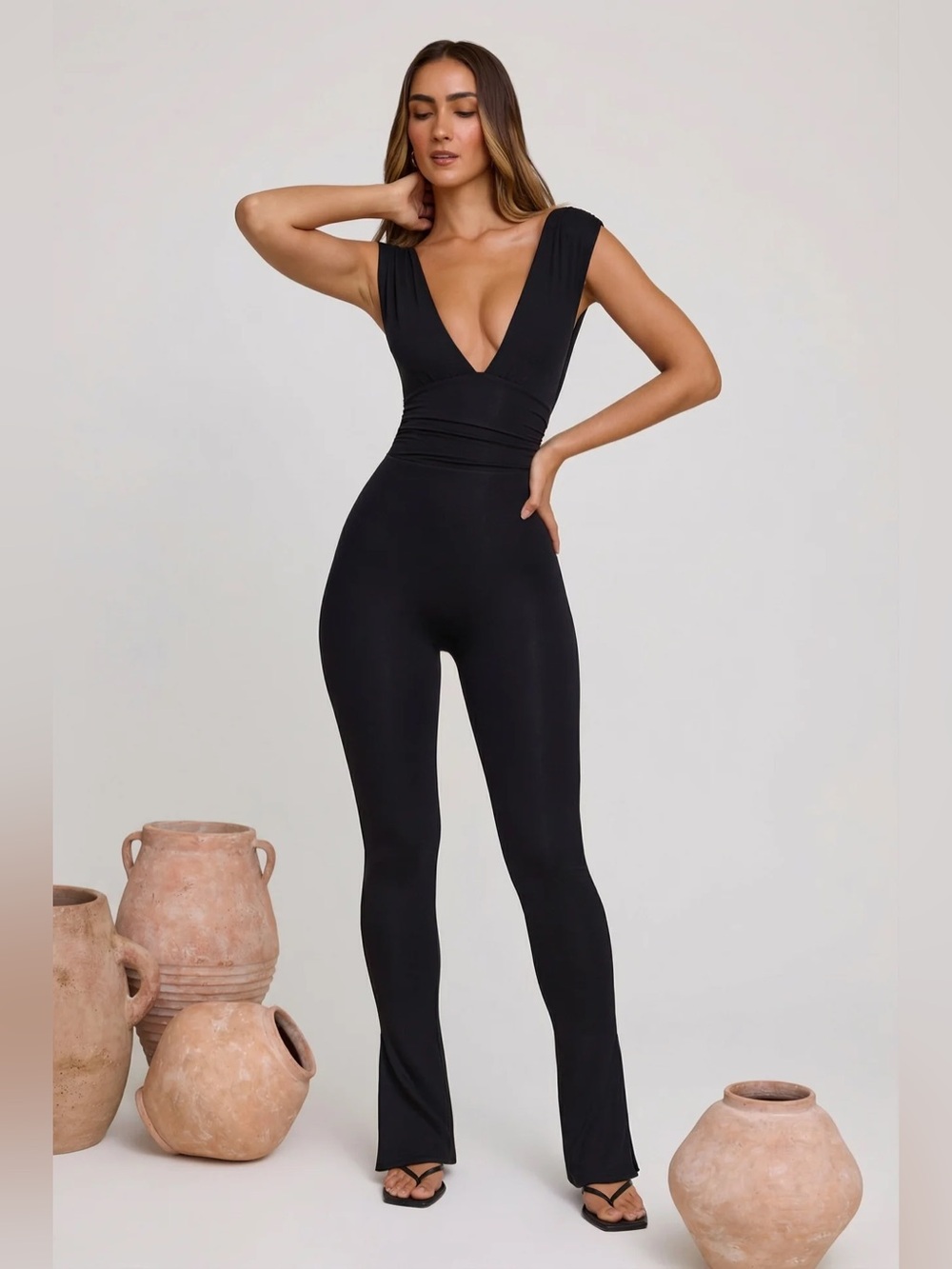 Oh Polly Black Deep V Wide-Strap Jumpsuit